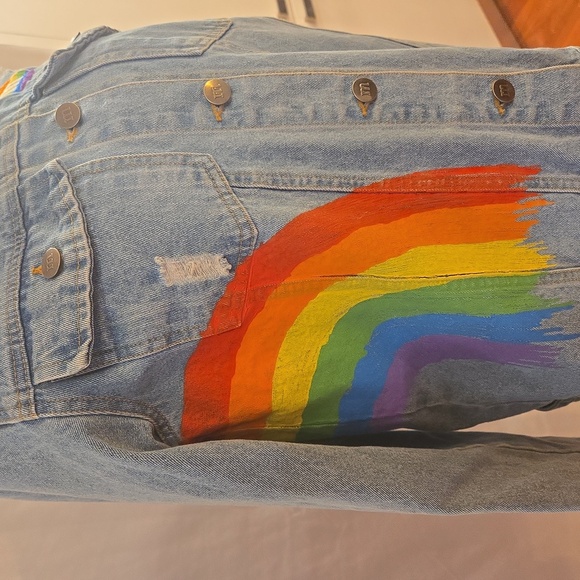 M&M'S Vibes Rainbow Distressed Light Blue Cotton Jean Jacket Womens Size Small - Picture 7 of 12